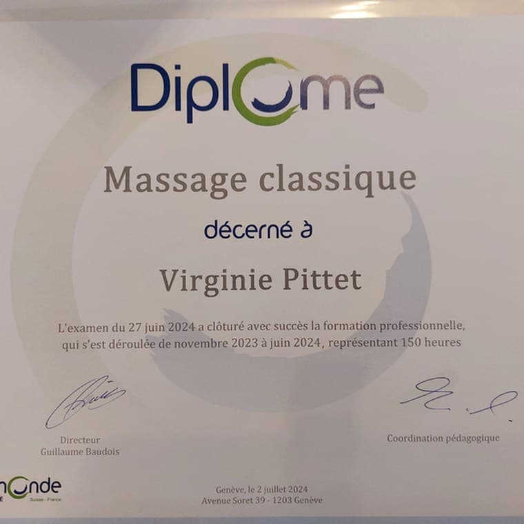 Diplôme de massage classique délivré à Virginie Pittet à Genève en 2024